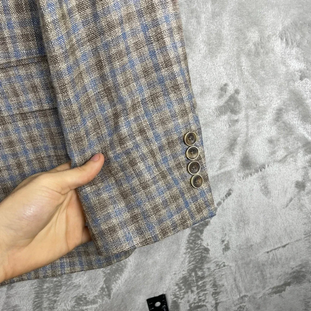 Williams & Kent Sport Coat Mens 48 Brown Blue Plaid Wool Silk Linen E.Thomas